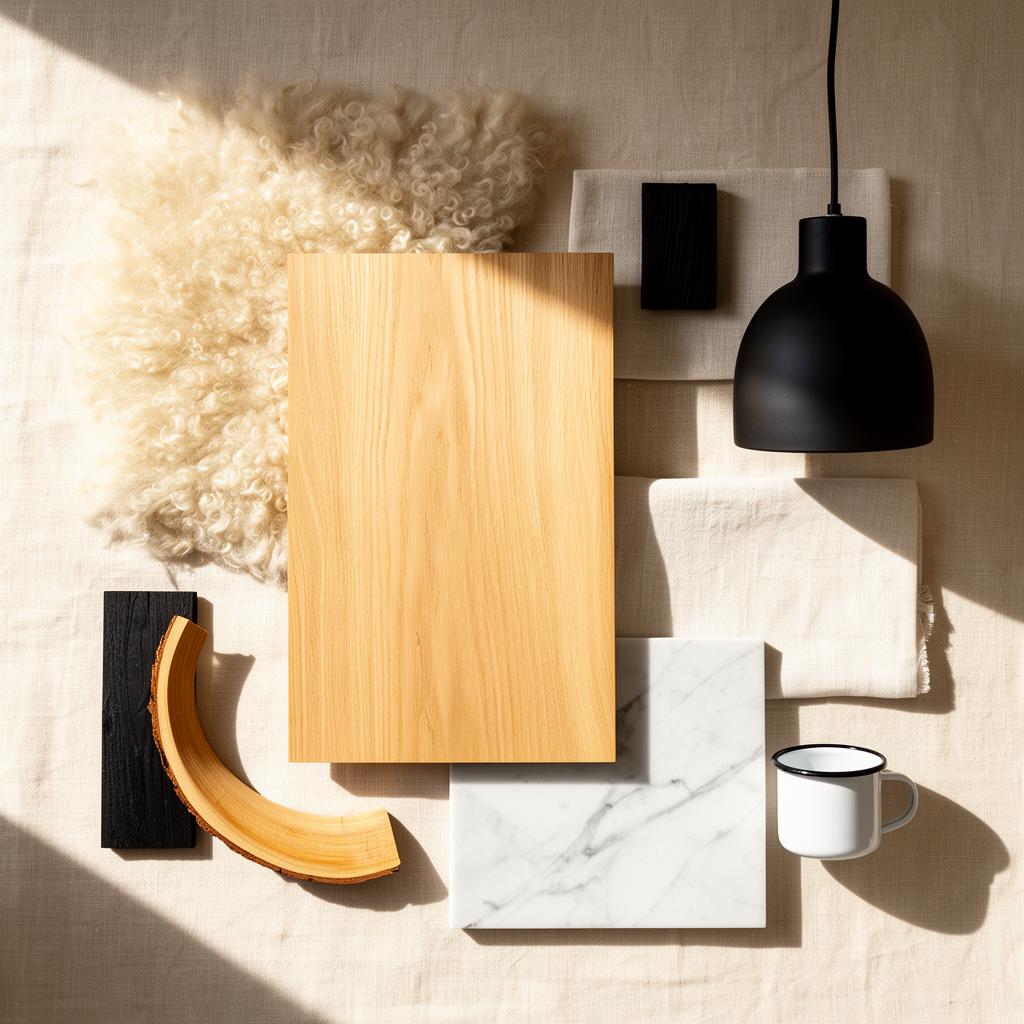 Scandinavian materials and finishes moodboard